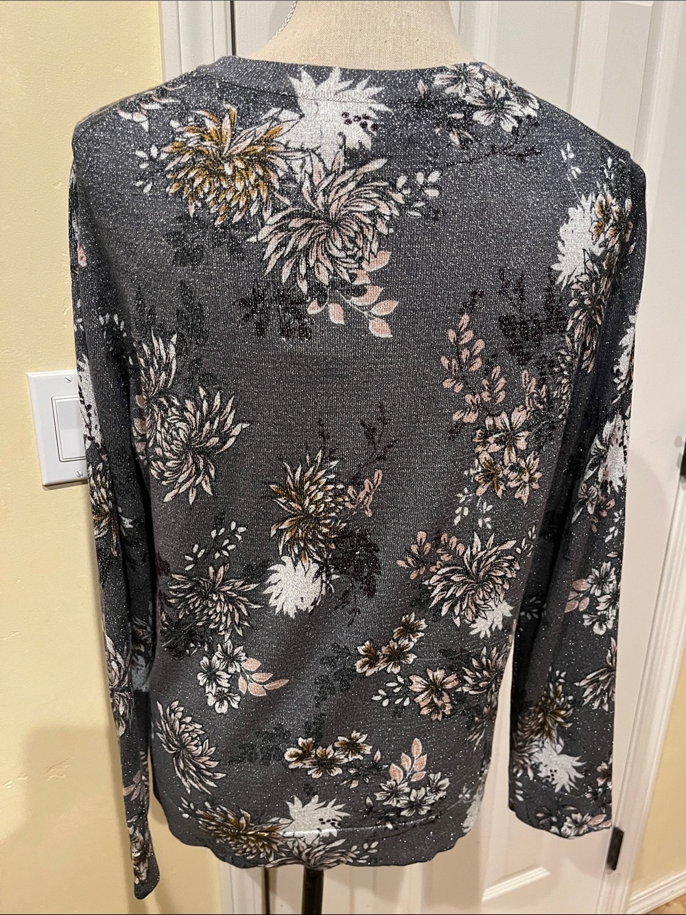 Charter Club Gray Floral Metallic-Thread Button Cardigan with Floral Print - Picture 5 of 7